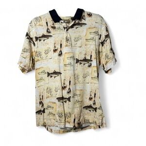 VINTAGE Natural Issue Men Polo Shirt Medium Yellow Fishing Reel All Over 90s